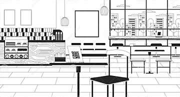 Coffee Shop Interior with Qr Code Stand Black and White Line Illustration Stock Illustration ...