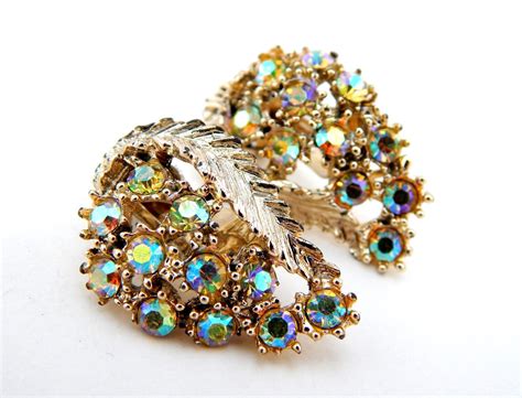 Vintage 1960's BSK Rhinestone Earrings Gold by HiddenStairwayFinds