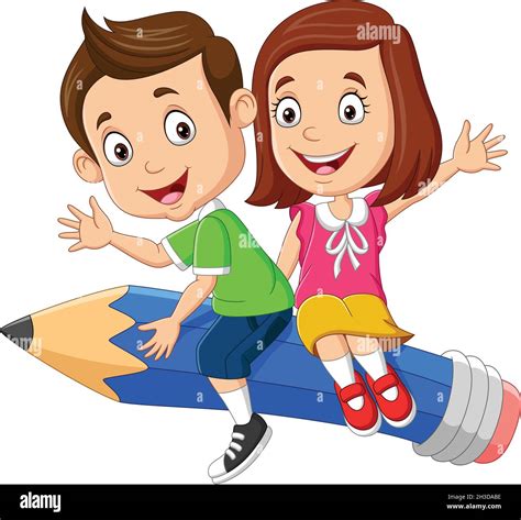 Cartoon little boy and girl flying on a pencil Stock Vector Image & Art ...