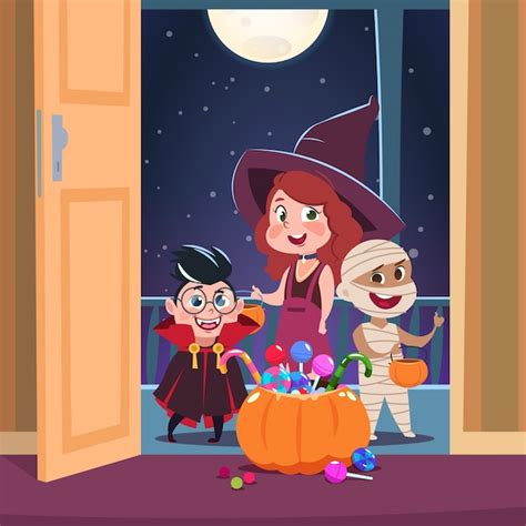 Truco o trato de Halloween. Niños en disfraces de halloween con dulces en la puerta. | Vector ...