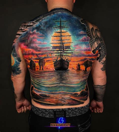 Sailing Ship Men's Full Back Tattoo