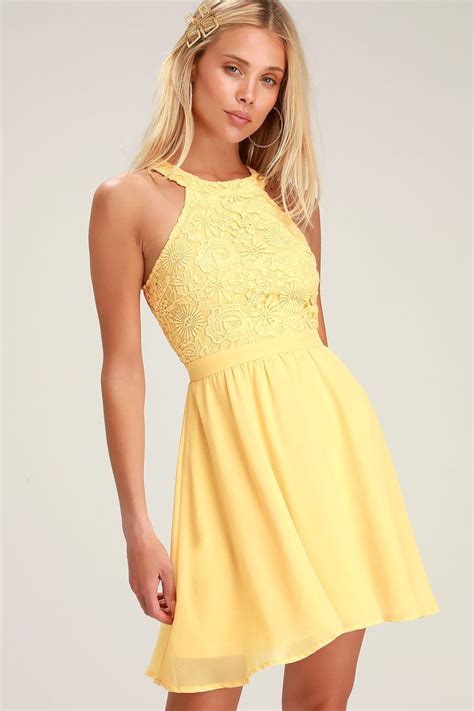 Lover's Game Light Yellow Lace Skater Dress | Light yellow dresses, Spring formal dresses ...