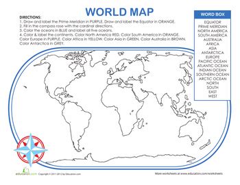 World Map Activity | Worksheet | Education.com | Map activities, Social studies worksheets ...