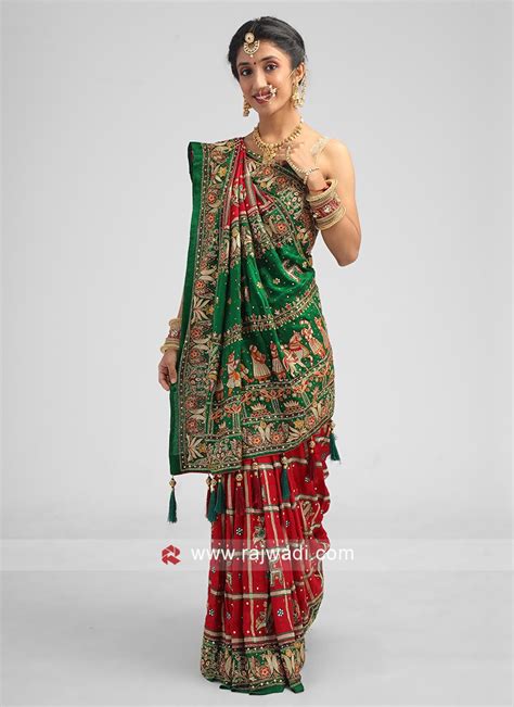 Gujarati Wedding Saree Gharchola In Maroon And Green