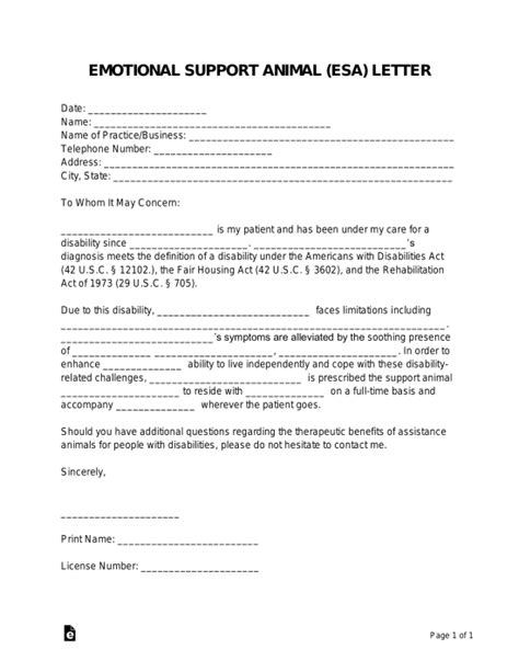 Free Emotional Support Animal (ESA) Letter Template - PDF | Word – eForms