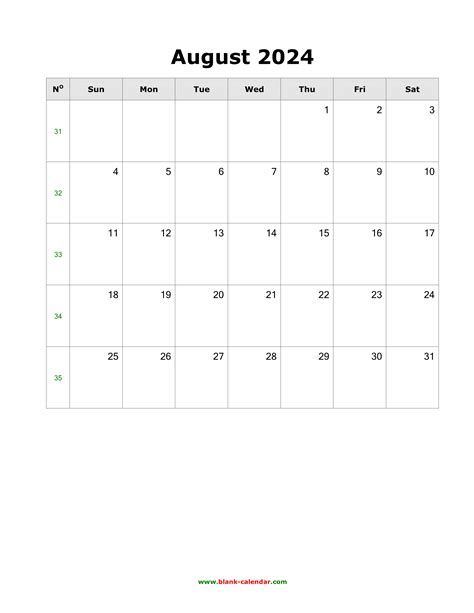 Download August 2024 Blank Calendar with US Holidays (vertical)