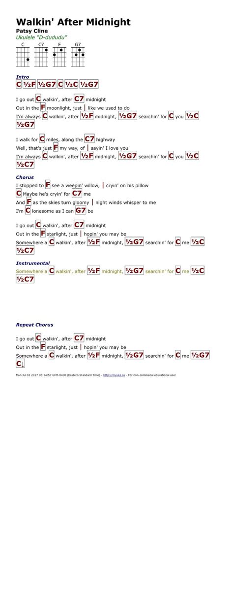 Walkin' After Midnight (Patsy Cline) - http://myuke.ca | Ukulele, Ukulele chords songs, Ukulele ...