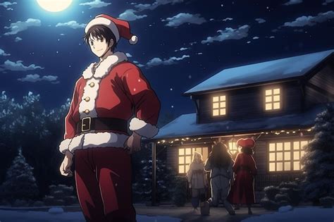 Premium AI Image | A anime man in a santa claus costume stands in front of a house with a full ...