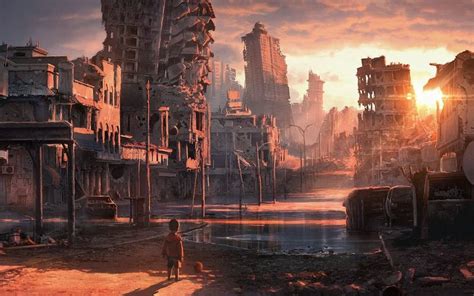 post apocalyptic anime | sunset postapocalyptic artwork boys abandoned city forsaken children ...