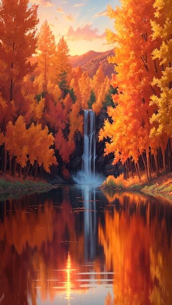 Premium AI Image | A painting of a waterfall in autumn