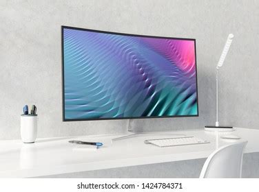 Curved Monitor On White Desktop Concrete Stock Illustration 1424784371 | Shutterstock