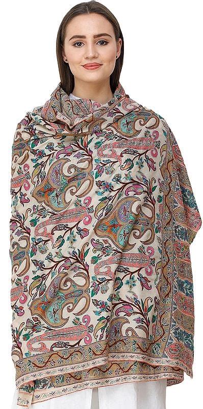 Ivory Pashmina Kani Shawl from Kashmir with Kalamkari Hand-Embroidered ...