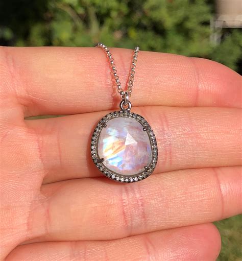 Diamond and moonstone pendant necklace, diamond necklace, rainbow ...