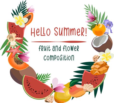 Hello summer vector flower and fruits composition. Colorful template for summertime design ...