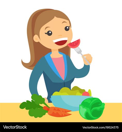 Caucasian woman eating healthy vegetable salad Vector Image