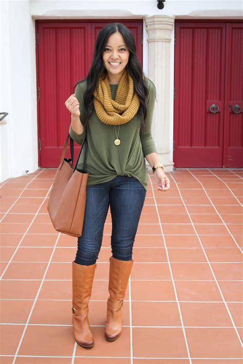 Green Twist Sweater + Scarf + Skinnies + Riding Boots + Tote | Casual fall outfits, Fall outfits ...