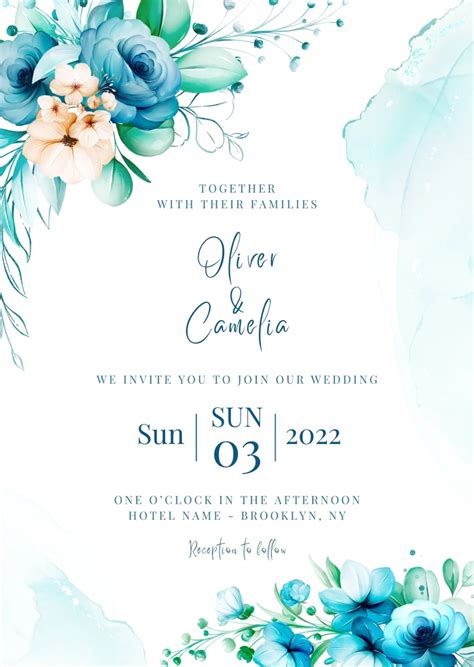 Blue wedding invitation card of watercolor arrangement templates by canva – Artofit