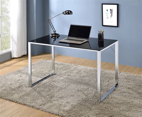 Ariah Home & Office Workstation Computer Desk, Chrome Metal Frame & Black Tempered Glass Top ...