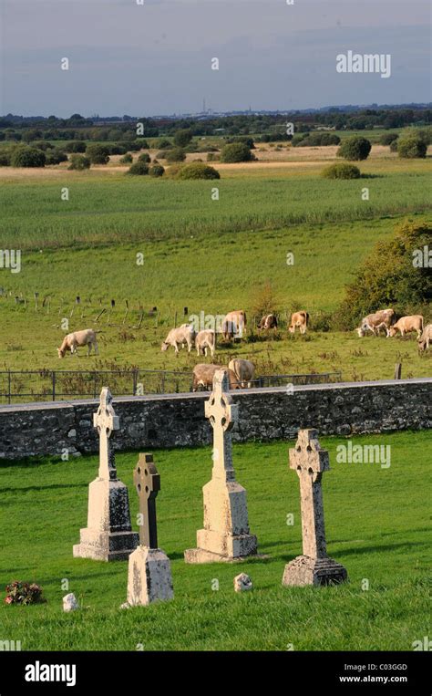 High crosses at the monastery ruins of Clonmacnoise on the Shannon ...