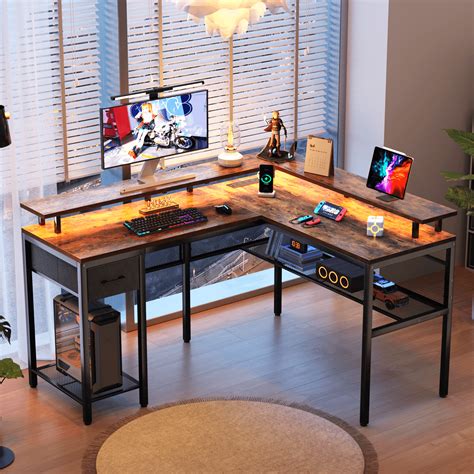 Huuger Gaming Desk with LED Lights & Power Outlets, L Shaped Desk Computer Desk with Storage ...