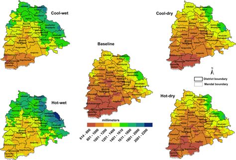 Spatial distribution of annual rainfall over Telangana in baseline and ...