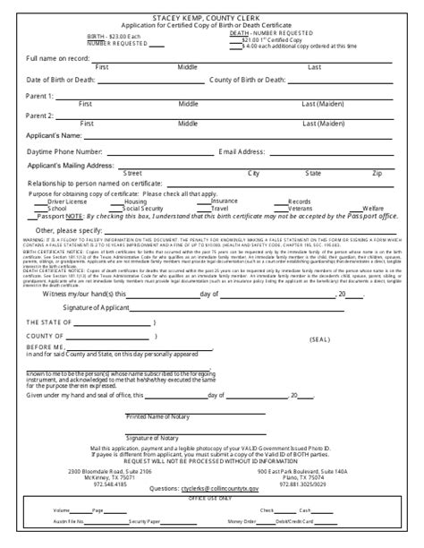 Collin County, Texas Application for Certified Copy of Birth or Death ...