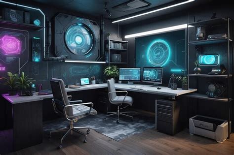 Premium Photo | Cyberpunk Home Office Futuristic Fusion in Urban Workspace