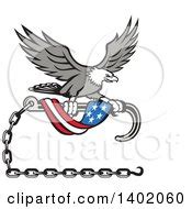 Bald Eagle Flying with an American Flag and Towing J Hook and Gray Rays Background or Business ...