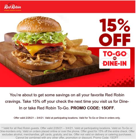 15% off at Red Robin restaurants via promo code 15OFF #redrobin | The ...