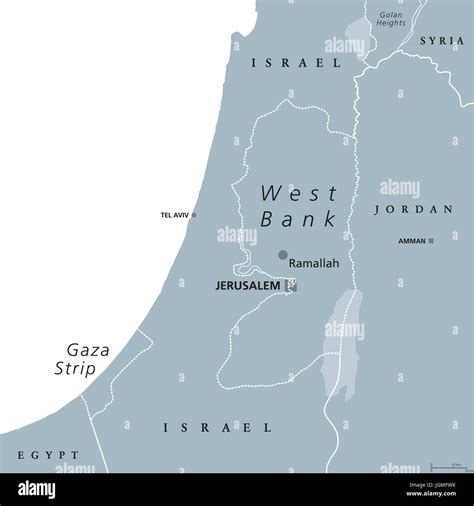 West Bank and Gaza Strip political map with capital Ramallah. State of Palestine with designated ...