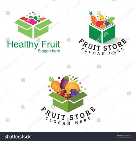 Fruit store logo with box carrot strawberry apple grape eggplant banana illustration vector ...