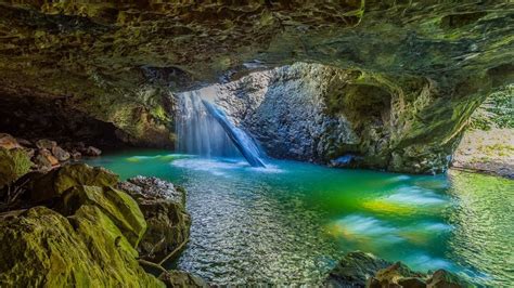 Natural Bridge over Cave Creek, Springbrook National Park, Australia Rising steeply from ...