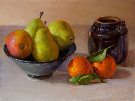 Wang Fine Art: pears orange still life oil painting a day contemporary realism