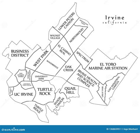 Modern City Map - Irvine California City Of The USA With Neighborhoods And Titles Outline Map ...