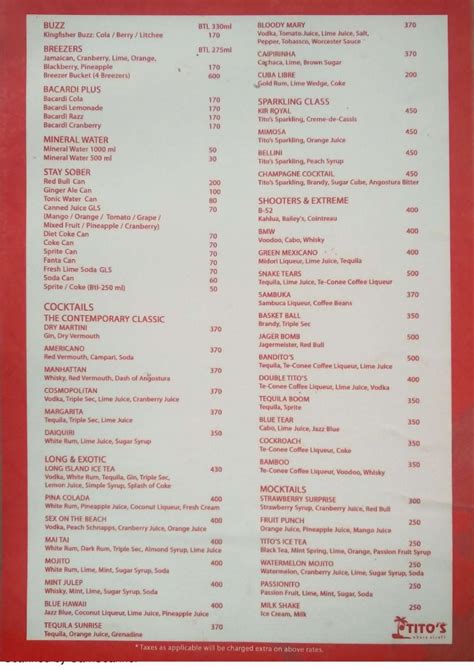 Tito's Restaurant Menu, Menu for Tito's Restaurant, Baga, North Goa, Goa