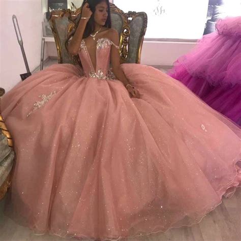 Beautiful Pink Sweet 16 Dresses Crystals Beads Applique Off The Shoulder Floor Length ...