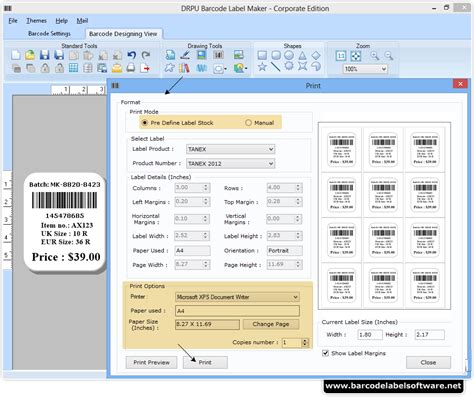 Screenshots of Barcode Label Software – Corporate Edition to design barcode labels