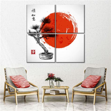 Red Sun Bonsai Tree Wall Art | Digital Art