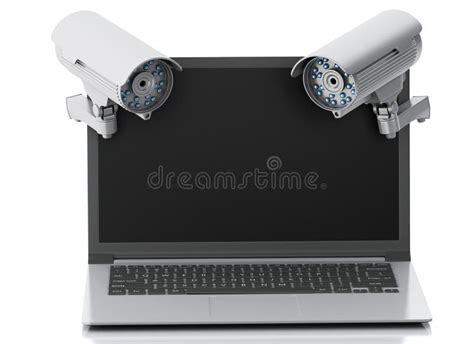 3d Laptop With Surveillance Camera, Lock And Chain. Privacy Concept. Stock Illustration ...