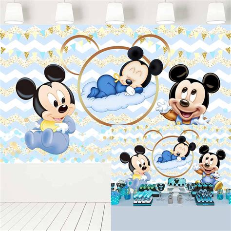 Buy Baby Mickey Mouse 1st Birthday Party Supplies Blue Golden Backdrop for Cake Table Baby ...