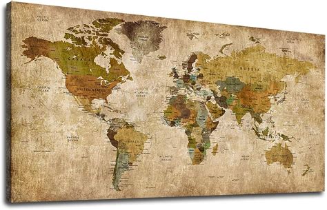 Amazon.com: Vintage World Map Canvas Wall Art Picture Large Antiqued ...