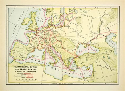 1929 Print Antique Map Medieval Middle Ages Europe Commercial Trade ...