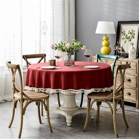 Round Tablecloth Rustic Fabric with Tassel,Tablecloths for Round Tables Wrinkle Free Stain ...