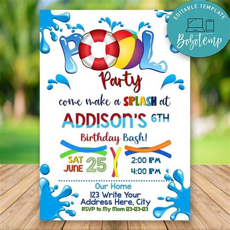 Editable Swimming Pool Party Invitations Instant Download ...