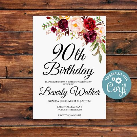 Editable 90th Birthday Invitation Any Age Women Birthday | Etsy