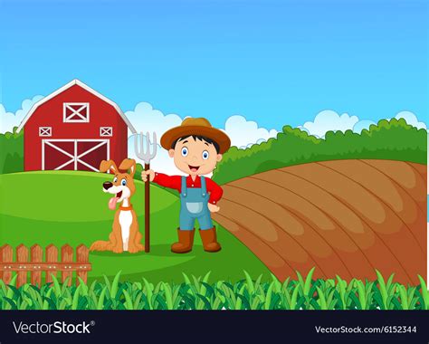 Cartoon little farmer and his dog with farm backgr