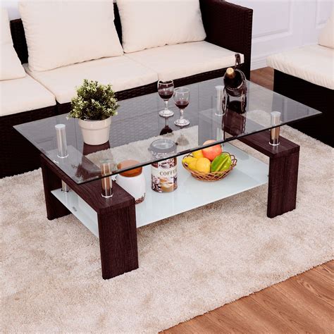 Rectangular Tempered Glass Coffee Table w/Shelf Wood Living Room Furniture Allblessings… | Glass ...