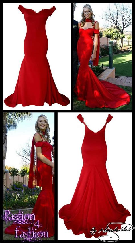 Red boobtube mermaid matric dance dress with a sweetheart neckline, off shoulder cap sleeves and ...