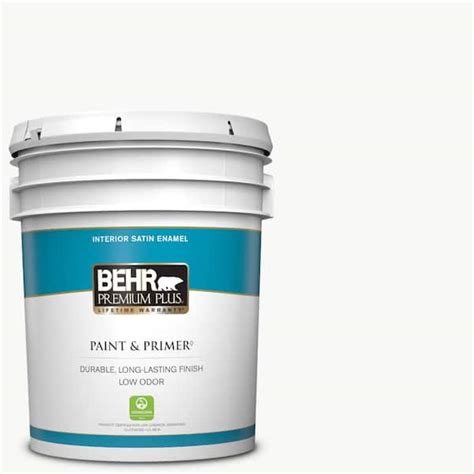 BEHR PREMIUM PLUS 5 gal. Ultra Pure White Satin Enamel Low Odor ...