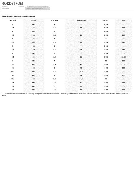 Women's Shoe Size Conversions Chart - Asics Download Printable PDF | Templateroller